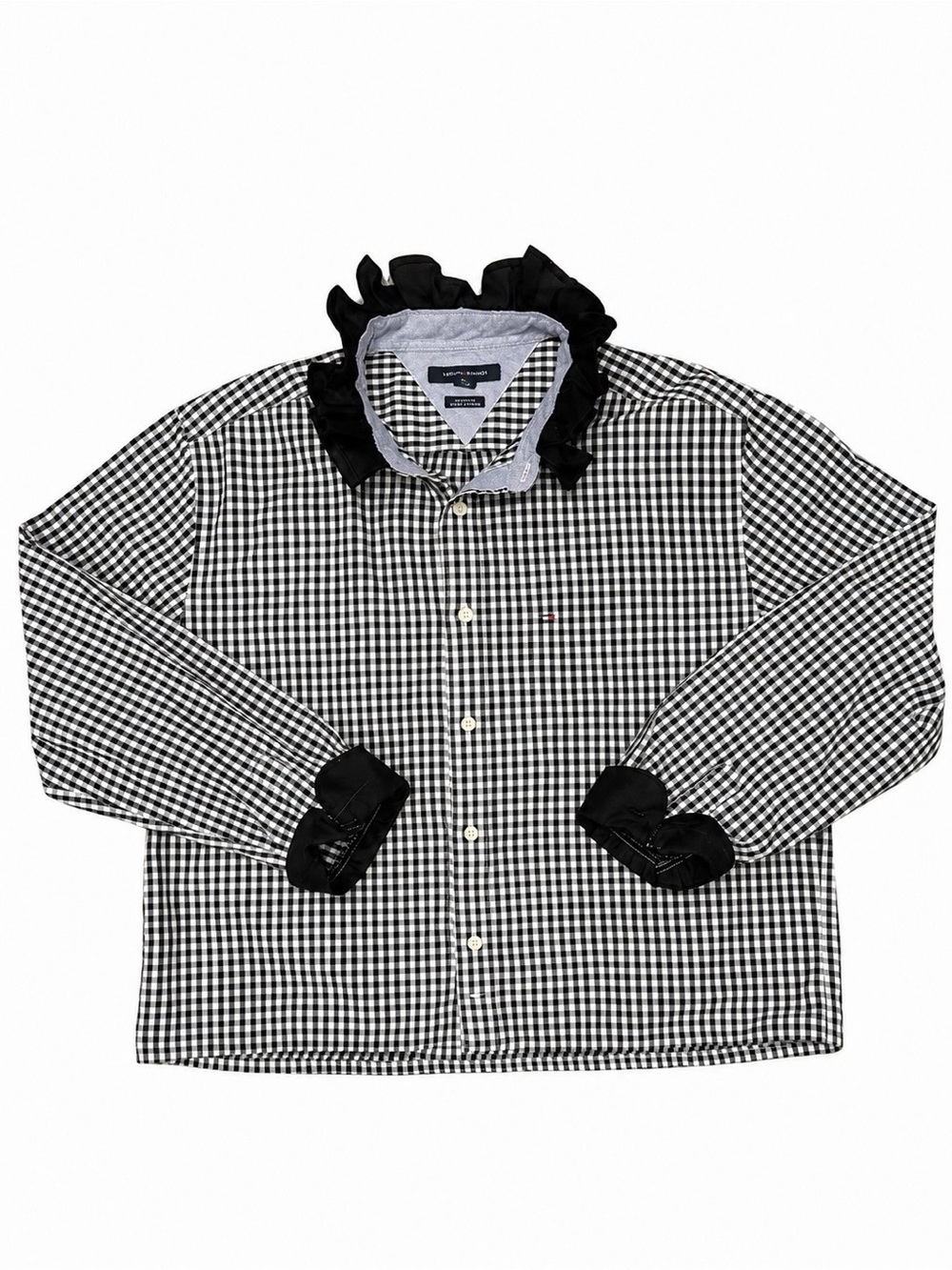 Up cycled Tommy Hilfiger Black & White Gingham Ruffle Collar Button-Down Shirt